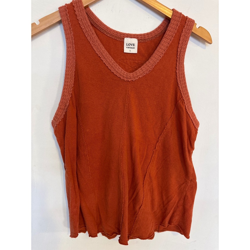 Love Vintage Rust Orange Paneled V-Neck Tank Top Crochet Trim Large